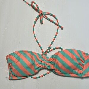 OP Size Large 11 13 Mint Green Coral Striped Bikini Swim Top Halter Tie Beach